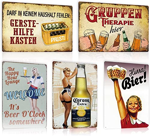 ZDFDC 5er Set Blechschilder Retro Bar 20x30cm - Metallschilder mit Lustig Spruch - Vintage Barschild aus Metall - Pub Club Theken Partykeller Werbeschild Wand Dekoration Geschenk (SET C) Cover