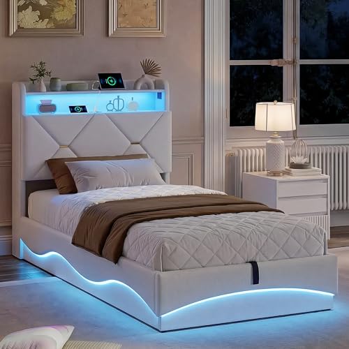 CXHLXYR Cama tapizada 90x200 cm con iluminación LED y USB-C, Cama hidráulica con Espacio de Almacenamiento y cabecero,Cama Individual Juvenil con somier Cama 2 Personas,Terciopelo Beige,sin colchón