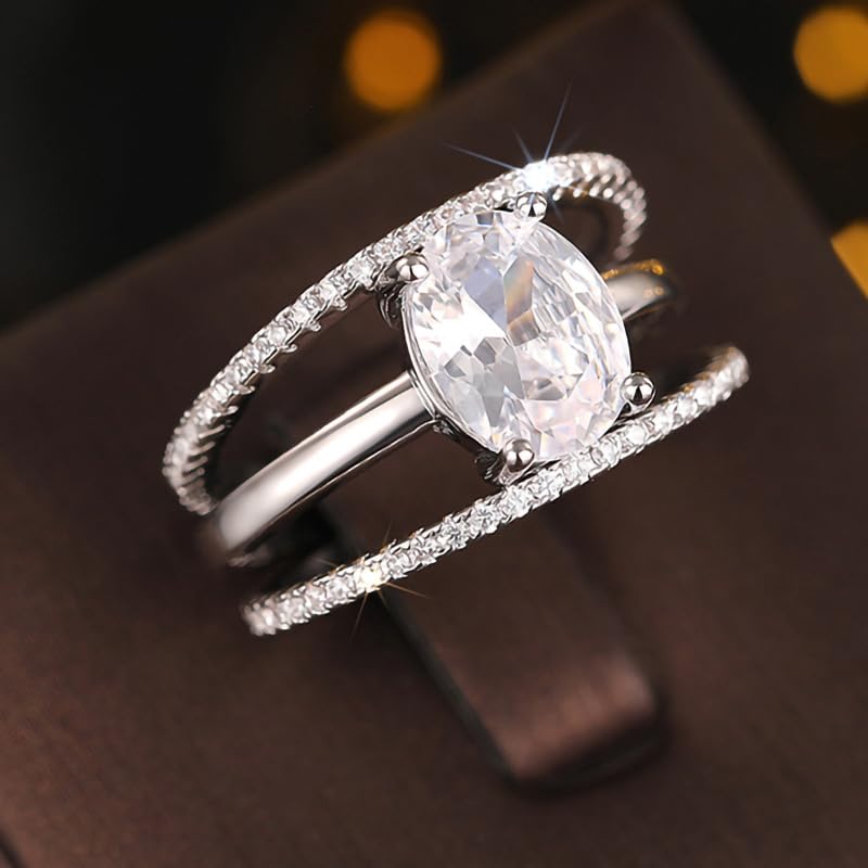 18K White Gold Plated Cubic Zirconia Square Halo Wedding Engagement Ring Set, 1.5CT Bride Ring, Oval Cut CZ Engagement Ring, Three-in-One Eternal Promise Women's Ring2