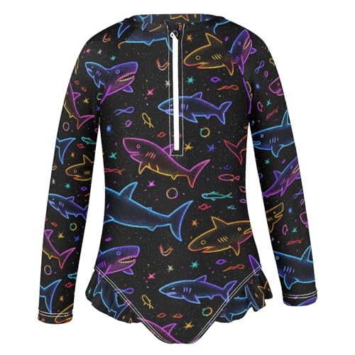 ALAZA Shark Neon Black Girls One Piece Swimsuit Long Sleeve Rash Guard Swimsuits UV 50+ Swimwear Zipper2