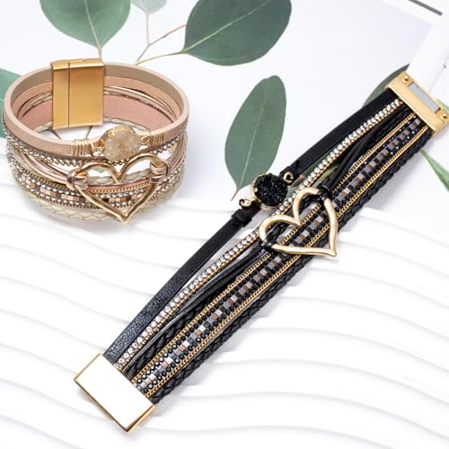 2Pcs Leather Wrap Bracelets for Women, Layered Heart Bracelet with Clasp, Multilayer Stack Boho Leather Bracelets for Women4