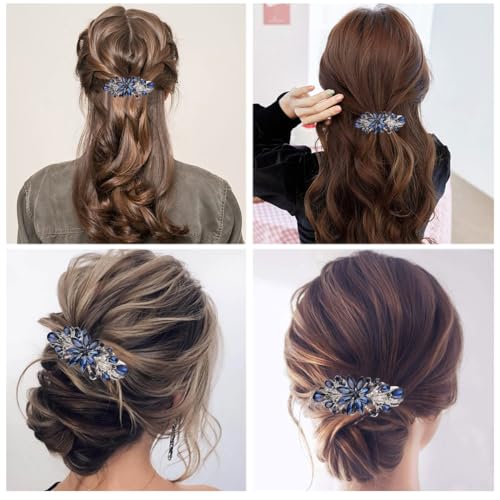 Image of MAYCREATE Floral Rhinestone Center Back Clip, Stylish Hair Barrette, Blue