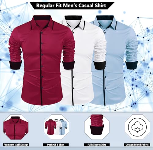 Image of Zombom Combo of Men's Cotton Blend Solid Regular Fit Casual Full Sleeves Shirts (Pack of 3)