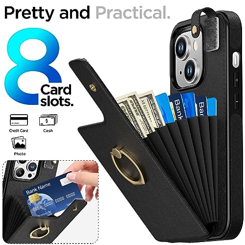 AICase Card Holder Case Compatible with iPhone 15, Compatible with iPhone 15 Wallet Phone Case Leather Protective Cover for Women with Ring Kickstand and 8 Credit Card Slots, Black3