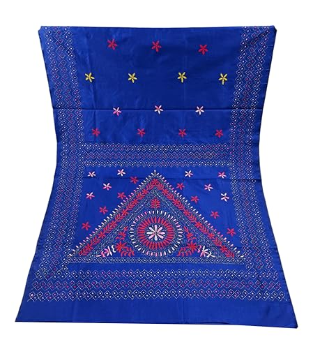 Image of SHRISTI CLOTHINGS Women's Hand Embroidered Cotton Silk Kantha Stitch Saree with Blouse Piece (SB4200924 BLUED75)