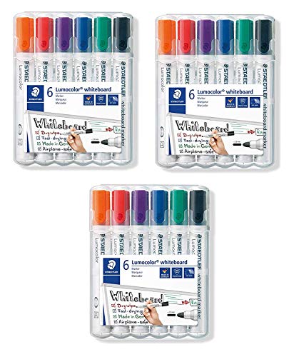 Staedtler Lumocolor 351 WP6 Whiteboard-Marker, Rundspitze ca. 2 mm Linienbreite, Set mit 6 Farben (3 Etui)