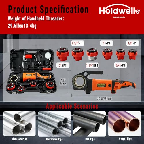 Holdwell S Electric Pipe Threader, 2300W 120V Hand-held Pipe Threading Machine with 6 NPT Dies (1/2\"-2\"), Copper Motor Portable Threading Kit with Carrying Case - Thumbnail 2