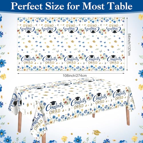 Image of Ganeen 3 Pcs Graduation Tablecloth Floral Class of 2026 Congrats Grad Table Cloths Blue Disposable Plastic Rectangle Table Cover for 2026 Graduation Decorations Grad Party Supplies, 54 x 108 Inch