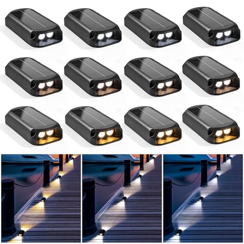 SOLPEX Solar Deck Lights, Solar Driveway Dock Lights Outdoor, IP65 Waterproof Step Light, 2700K/ 4000K/ 6600K 3 Modes Led Light for Stair, Pathway, Patio, Yard, Ground, 12 Pack