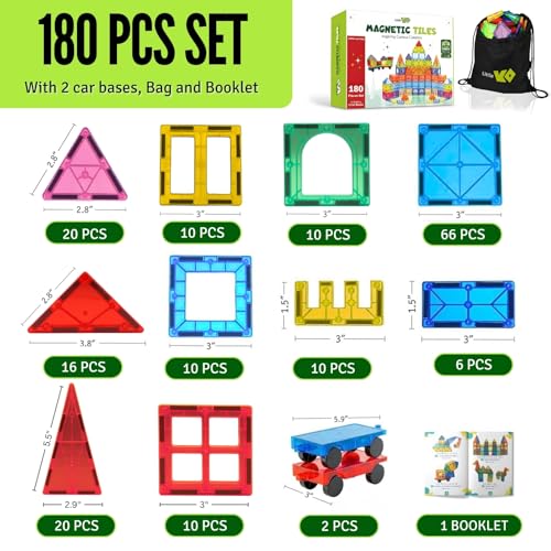 Image of Magnetic Tiles Set 180 PCS with 2 Cars Bases, STEM Educational Magnet Toys for Kids Ages 3-12, Magnetics for Kids & Preschool, Creative Magnetic Building Toys for Boys & Girls