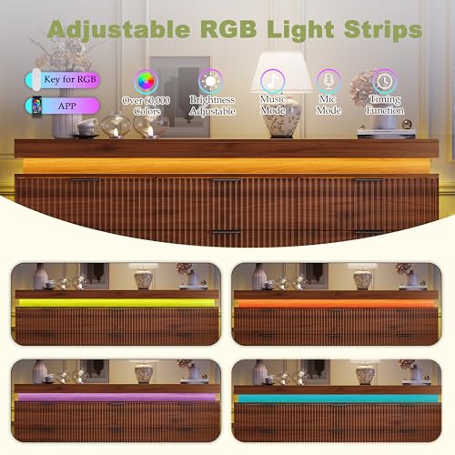 Image of 9 Drawer Dresser with LED Lights and Charging Station, 63 inch Wide Walnut Wood Fluted Dresser for Bedroom, Modern Chest of Drawers for Closet Dresser TV Stand for Living Room, Entryway, Hallway