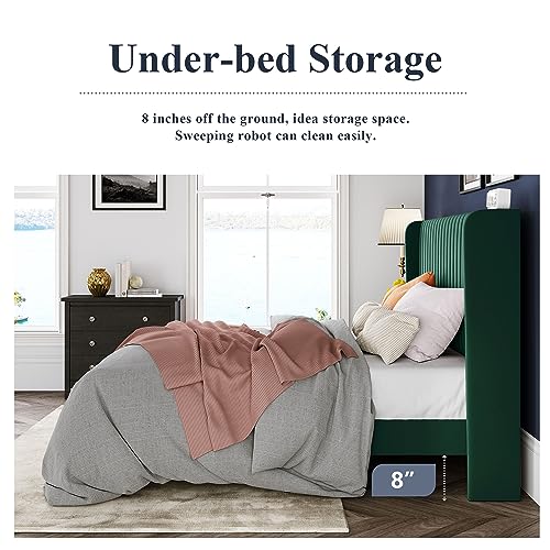 Allewie King Size Bed Frame/Velvet Upholstered Platform Bed/Vertical Channel Tufted Wingback Headboard/Strong Wooden Slats/No Box Spring Needed/Easy Assembly/Green