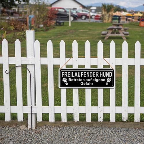 SINMAO Schild Freilaufender Hund Retro Schwarz 25x9cm Gebürstetes Aluminium, Schild Achtung Hund Betreten auf Eigene Gefahr 2 Stück