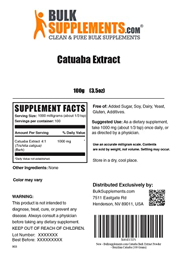 Bulksupplements.com Catuaba Extract Powder - Sourced From Catuaba Bark, For Energy Support - Gluten Free, No Added Sugar - 1000Mg Per Serving, 100 Servings (100 Grams - 3.5 Oz) #TOP1