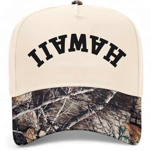 Hawaii Upside Down Reversed Vintage Trucker Hat | HI | Premium Adjustable Snapback Baseball Hat for Men & Women (US Alpha One Size Tree Camo/Natural)