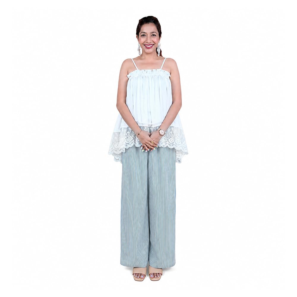 Women Ice Blue Lace Layered Co-ord Set with Striped Wide-Leg Pants-image-19