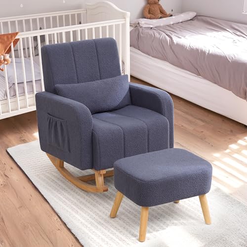 Image of HCHAIRH Rocking Chair with Ottoman, Upholstered Glider Rocker with High Backrest and Side Pocket, Comfy Reading Chair with Solid Wood Legs for Nursery, Living Room,Bedroom Dark Grey