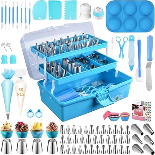 Juego de 236 boquillas de pastelería – Kit de herramientas de decoración de pasteles con estuche de almacenamiento para cupcakes, galletas, glaseado de fondant, suministros de panadería azul para