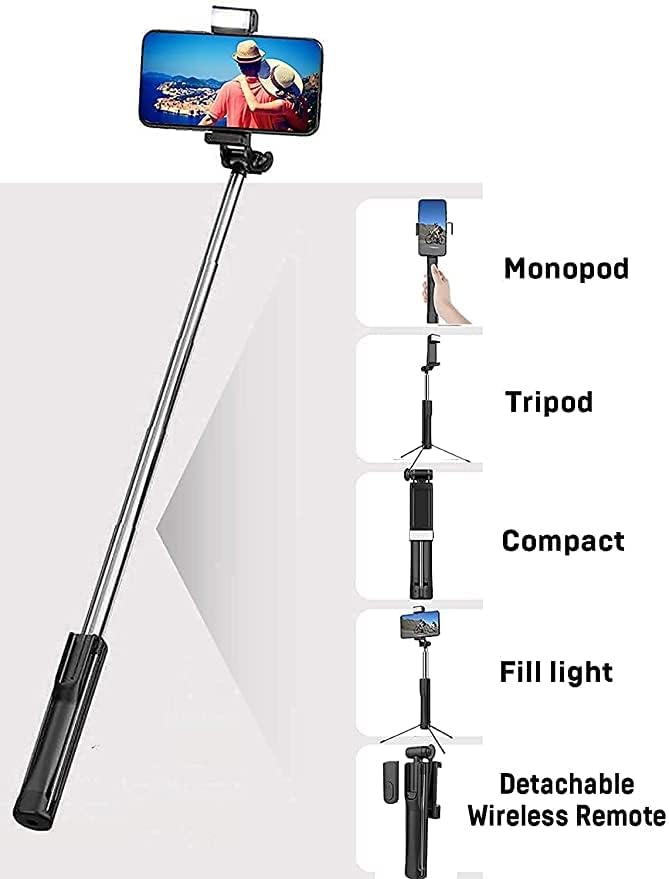 Image of R1s Bluetooth Selfie Sticks with Remote and Selfie Light, 3-in-1 Multifunctional Selfie Stick Tripod Stand Compatible with All Phones (Black)