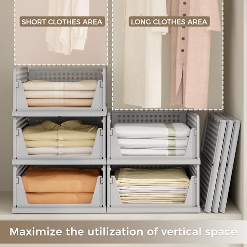 Image of Pinkpum 8 Pack Closet Organizers and Storage Plastic Stackable Storage Bins, Foldable Drawer Shelf Storage Container for Wardrobe Kitchen Bathroom Dorm Grey