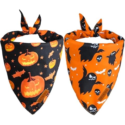 Viretec Halloween Dog Bandanas, Pet Holiday Pumpkin Bat Ghost Themed Pattern Bandanas 2 Pack, Double Sided Scarf Triangle Bib Neckerchief Set for Dogs and Cats Costume Cover