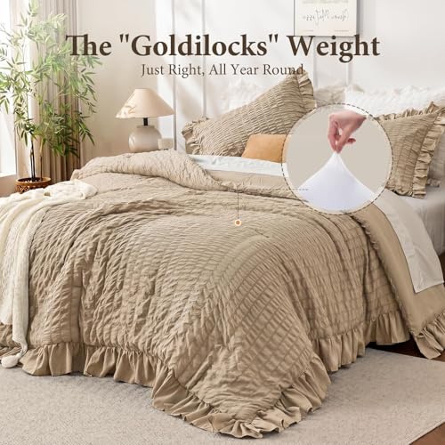 Image of JOLLYVOGUE Khaki Twin /Twin XL Comforter Set, 2 Pieces Seersucker Lightweight Fluffy Bedding Set, Twin Ruffle Comforter, All Season Soft Microfiber Shabby Chic Bed Set