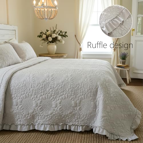 Image of BOV Stonewashed Ruffle Quilt Set, Vintage Farmhouse Bedding with Shams, Floral Cottage Style Bedspread, Soft Breathable Bedding for French Country & Shabby Chic Bedrooms