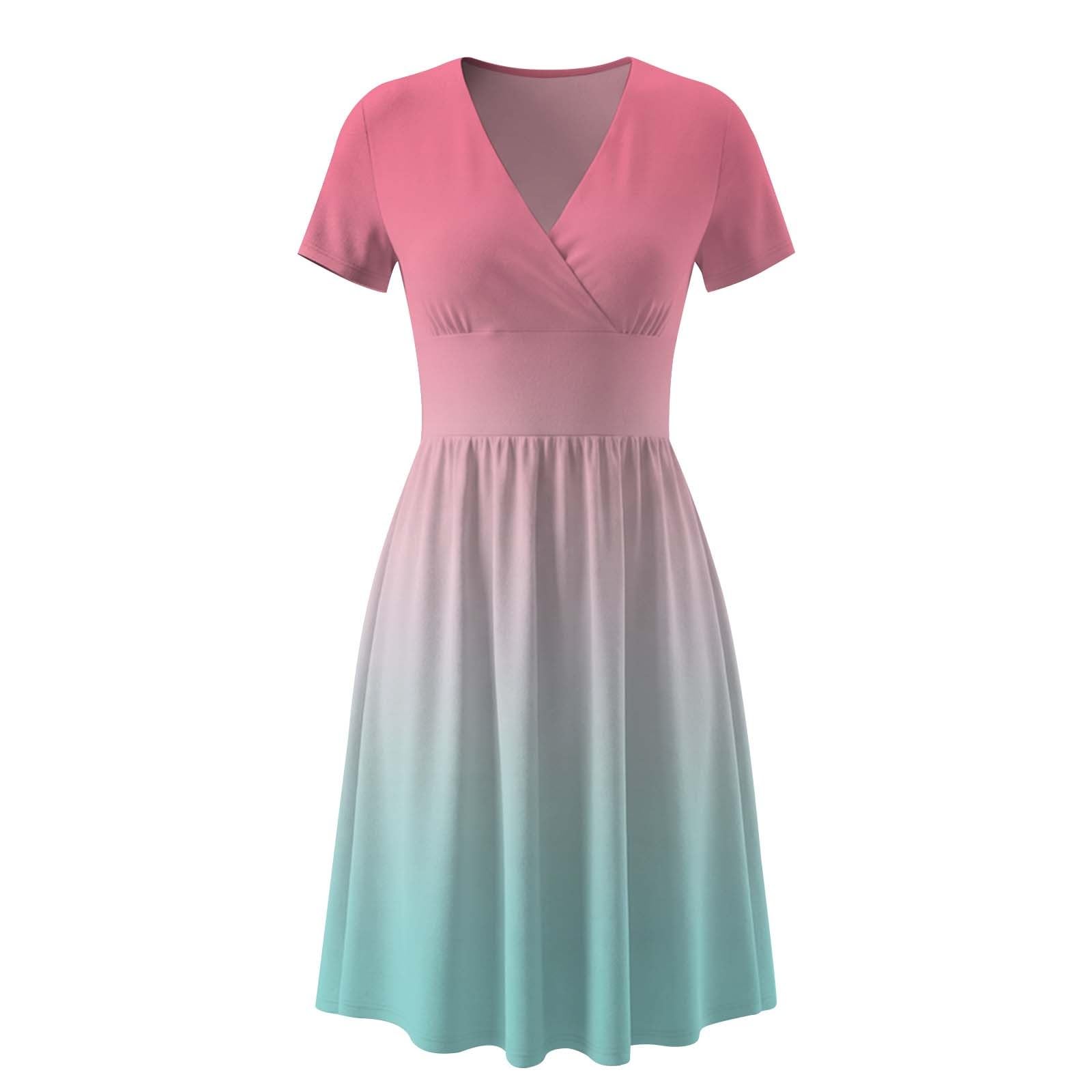 Generico Sommerkleid für Damen – Langes Sommerkleid für Damen, Midi-Kleid, A-Linie, hohe Taille, gerüscht, V-Ausschnitt, mit Schlitz, Farbverlauf, lässig, böhmischer Stil, für Urlaub