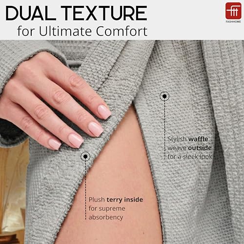 Image of Fash Home-Unisex Bathrobe-Waffle design at Top & Soft TerryTowel inside for quick absorbancy and softness -100% Soft Cotton |Full Size | Perfect for Royal Elite Class Men /Women /Couples (Natural Grey)