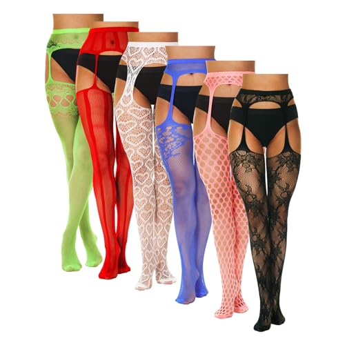 6 Pairs Fishnet Stockings for Women Thigh High Stockings Suspender Pantyhose Garter Belt Lace Tight