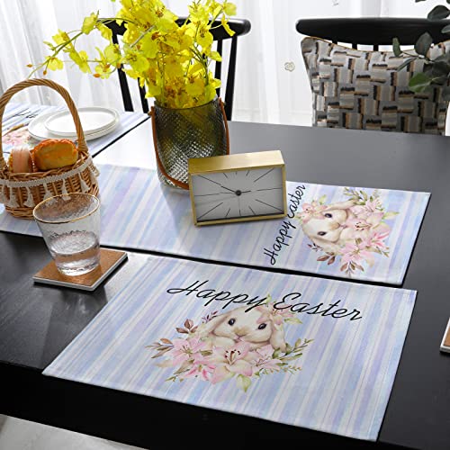 Easter Table Runner With Placemats Set Of 4, Blue Wood Grain Stripes Bunny Flowers Cotton Linen Kitchen Dining Mats Long Table Cover 16"X72", Table Mats Set For Living Room/Dresser/Dining Table #TOP3