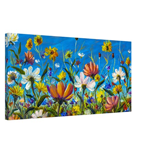 Art mural floral : tableau moderne de champs de fleurs mixtes sur toile encadrée 40x80