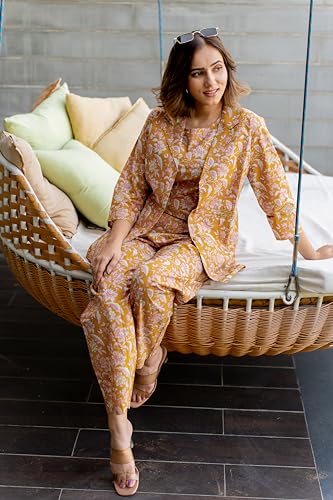 Image of MIRCHI FASHION Pure Cotton Kurta with Shrug Set | 3 Piece Cordset with Jacket & Pant | Ethnic Work Wear & Travel Wear Co-ord Set
