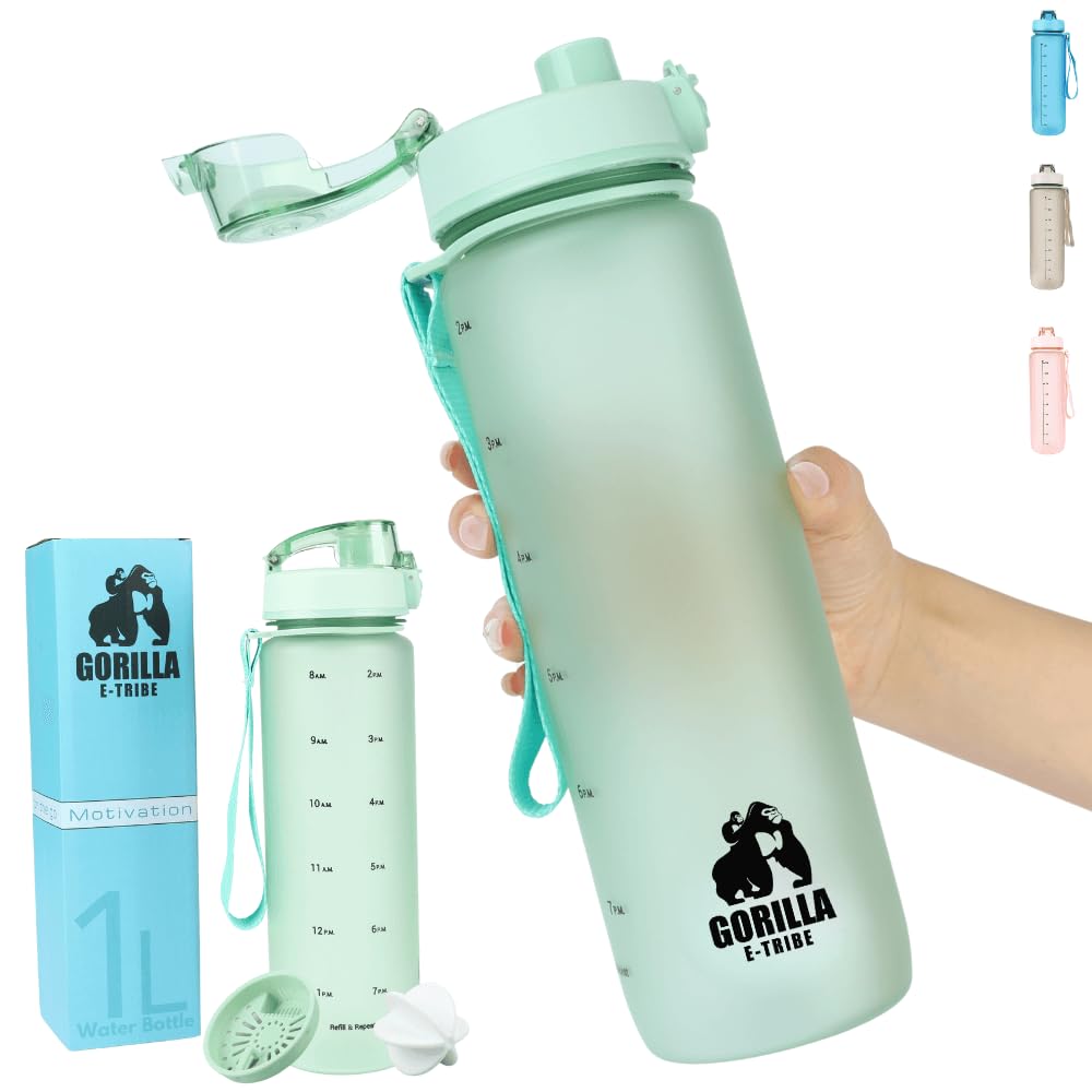 Water Bottle 1L with Time Marker - BPA Free & Leak Proof Protein Shaker Bottle Gym - Ideal for Office, School & Hiking
