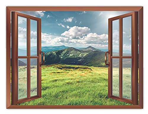 Image of CVANU Lovely View of Green Grassland with Blue Sky Having Clouds in a Sunny Day Removable Faux Window Wall Sticker /Decals for Living Room etc Cv 39