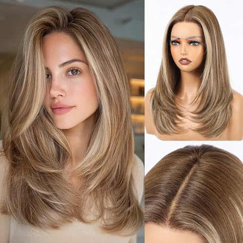 Image of EMMOR Human Hair Wig for Women 13x5x1 Inch HD Lace Front Wig 18 Inch Layered Glueless Wigs Pre-Plucked Hairline Human Hair Blend Premium Synthetic Fiber for Everyday Wear(Brown Mixed Blonde)