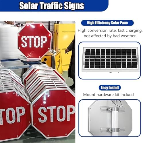 LED Solar Stop Sign - 30in Aluminum Pedestrian Traffic Warning Sign with Flashing Lights for Enhanced Safety & Visibility in Crosswalks and Roadways