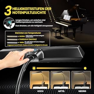 BrightArk 19 LED per stand, luce con clip per leggere, lettura per pianoforte ricaricabile tramite USB, 3 colori e 5 lucidi, regali musicali ideali