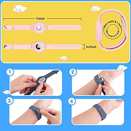 Vego [2+4Pack] Airtag Bracelet For Kids, 2 Pack Silicone Watch Bands + 4 Pack Anti-Scratch Films For Children, [Upgraded] Metal Studs Anti-Dropping Wristband Compatible With Airtag (Pink+Blue Gray) #TOP1
