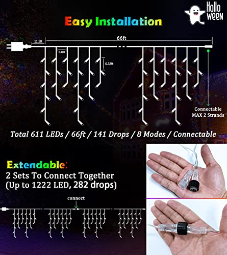 66Ft Led Christmas Lights Outdoor Decorations, 8 Lighting Modes With Timer Memory 611 Led Curtain Fairy Light With 141 Drops, Waterproof Light For Christmas Holiday Wedding Party Decor (Multicolor) #TOP5