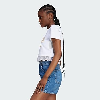 adidas Originals Women's Cropped Lace Trim T-Shirt, White, Small