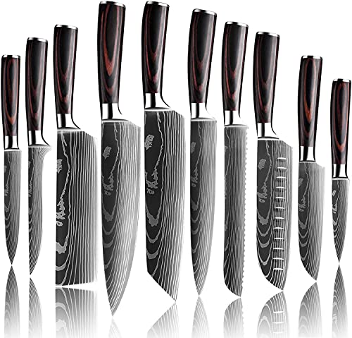 Dfito Couteau Cuisine, Set Couteaux de Cuisine de 9.5-20cm Couteau Cuisine Japonais Viande Ultra Tranchants en Acier IInoxydable 440A Avec étui, Couteau Chef Cuisine Professionnelle (10PCS)