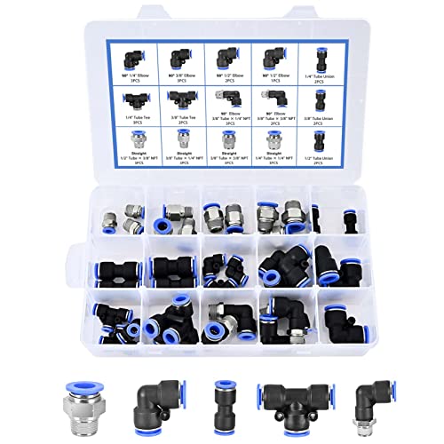 37Pcs Air Line Fitting Kit,Npt Thread Push To Connect Fittings, Nylon Tube Quick Connect Fittings 1/4",1/2",3/8" For Industrial Workshops #TOP10