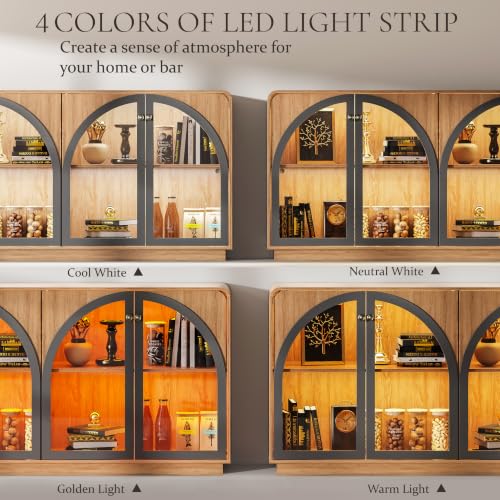 Image of Sideboard Buffet Cabinet with Storage, 68 inch Black Credenza Accent Cabinet Buffet Table w /4 Arched Glass Doors & LED Light, Modern Coffee Bar Liquor Cabinet w /2 Shelves for Kitchen Entryway