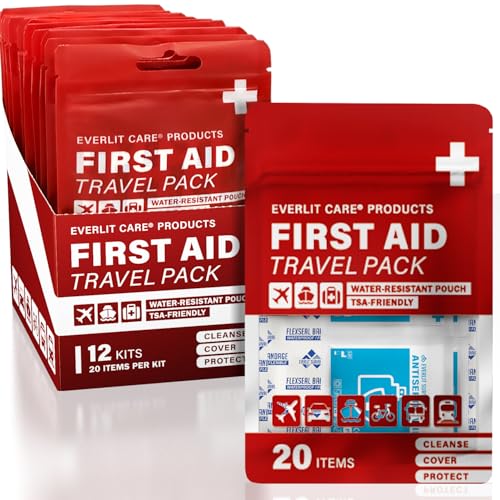 EVERLIT CARE Travel Bandage Pack | 12 Individual Packets Bulk Portable Mini First Aid Kit with 20 On-the-Go Essentials | Compact Water-Resistant Reusable Pouch to Clean Cover & Protect
