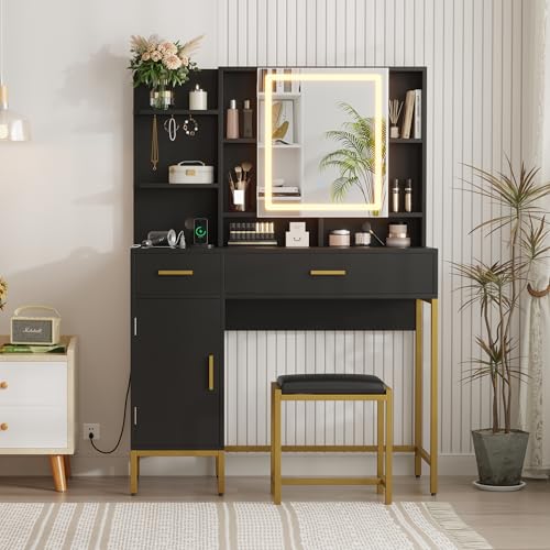 GarveeHome Makeup Vanity Desk, Vanity Desk with Lights in 3 Colors, Vanity Table with Charging Station, Visible Drawers, Black