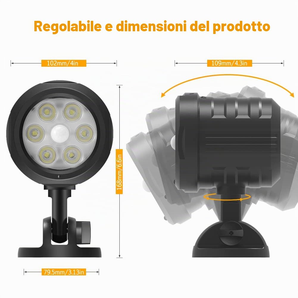 Luci di sicurezza per esterni con sensore di movimento, faretti PIR da 6 LED 1000 lumen senza fili con telecomando, faro anti-intrusione IP65 impermeabile da 6000K per garage, cortile