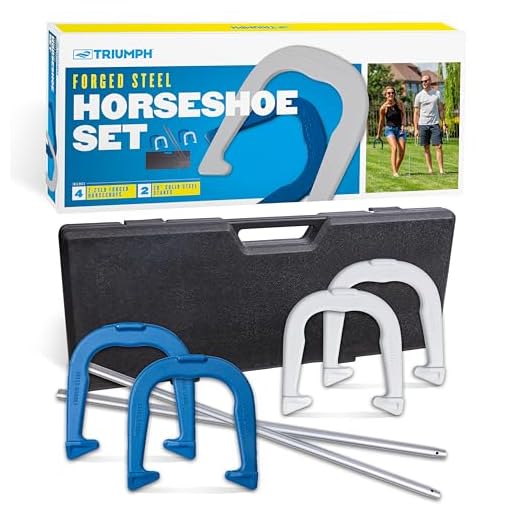 Triumph Sports Premium Forged Horseshoe Set Complete with 4 Horseshoes, 2 Stakes and Hard Plastic Case with Locking Tabs for Transportation and Storage, Blue/White