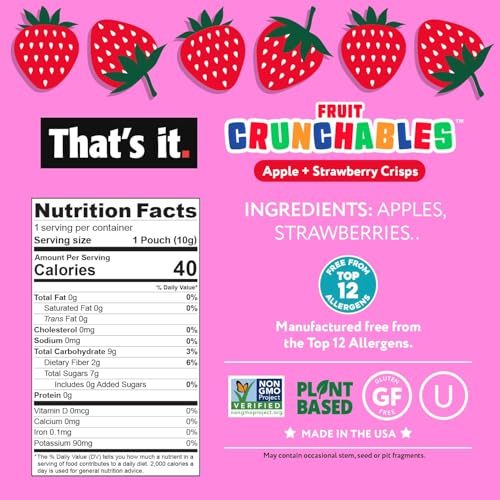 Image of That's it. Fruit Crunchables Apple + Strawberry Crisps, 15-Pack - 100% Real Fruit Snacks for Kids, Plant-Based, Non-GMO, Gluten-Free, No Sugar Added, Allergen-Free, Healthy Lunchbox Snack