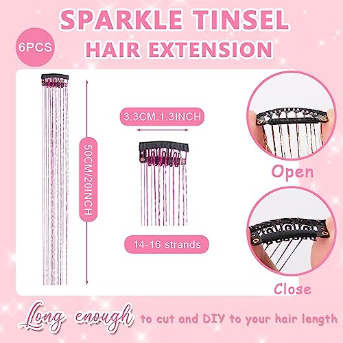 Image of MAYCREATE 6pcs Hair Tinsel Clip-in Glitter Hair Extensions for Women, 20.5in Pink Shiny Tinsel Strands, Heat Resistant Fairy Sparkle Hair Accessories for Girls Kids Festival Cosplay Party Gift